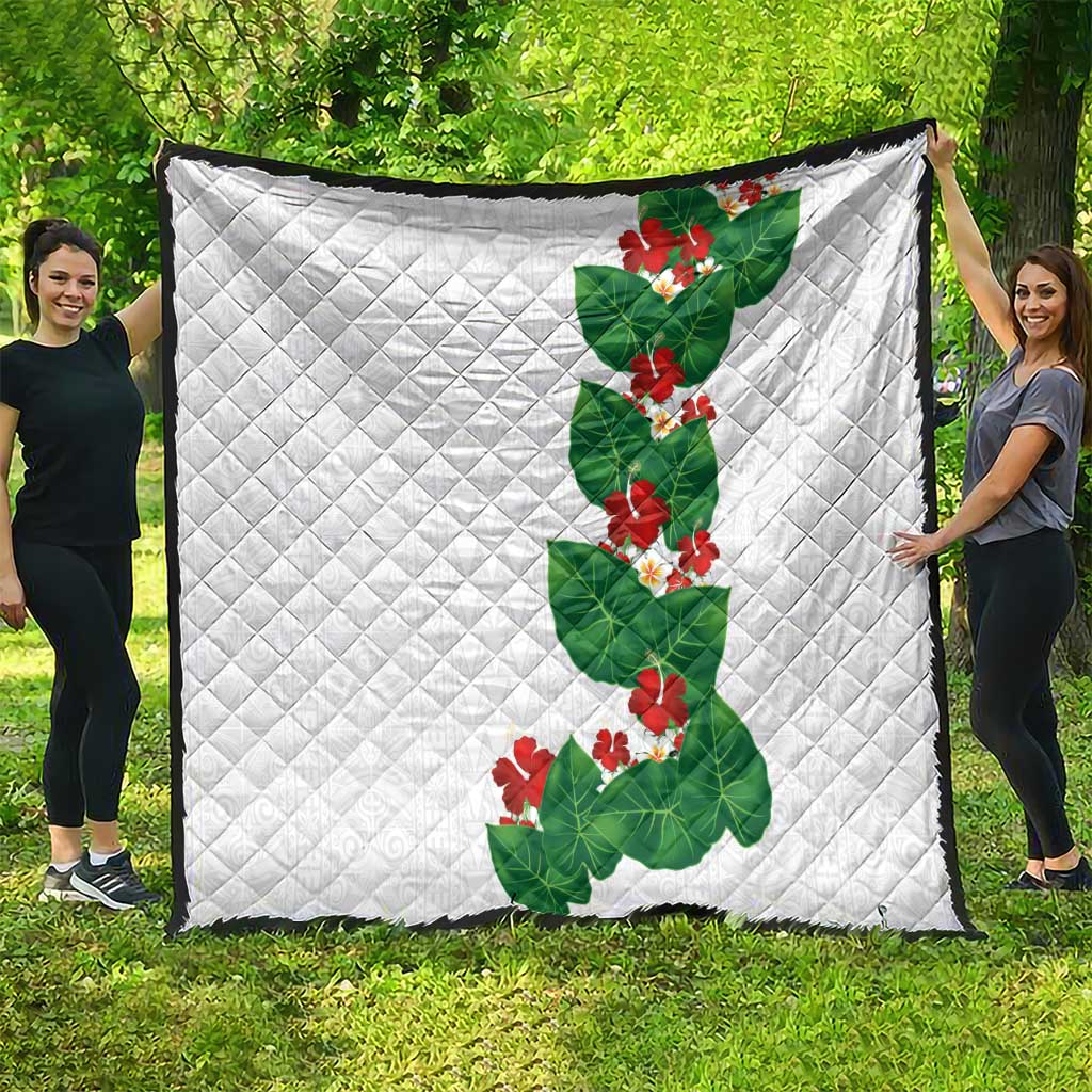Hawaiian Taro Leaves-Hibiscus and Plumeria Quilt Polynesian Art-Kakau Tattoo White