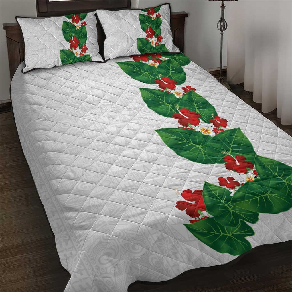 Hawaiian Taro Leaves-Hibiscus and Plumeria Quilt Bed Set Polynesian Art-Kakau Tattoo White