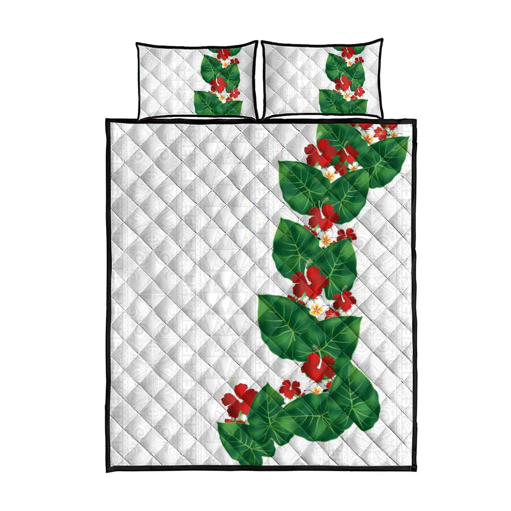 Hawaiian Taro Leaves-Hibiscus and Plumeria Quilt Bed Set Polynesian Art-Kakau Tattoo White