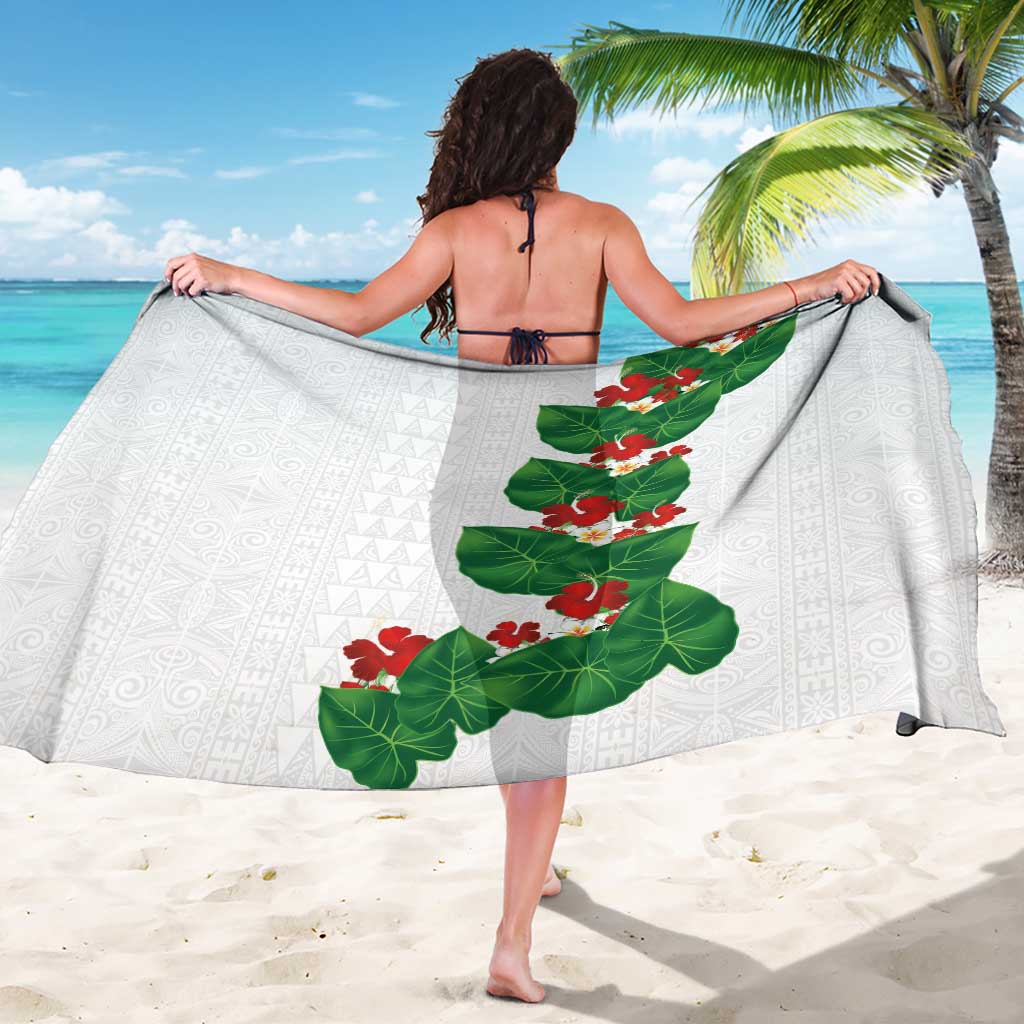 Hawaiian Taro Leaves-Hibiscus and Plumeria Sarong Polynesian Art-Kakau Tattoo White