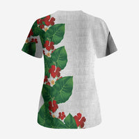 Hawaiian Taro Leaves-Hibiscus and Plumeria Scrub Top Polynesian Art-Kakau Tattoo White