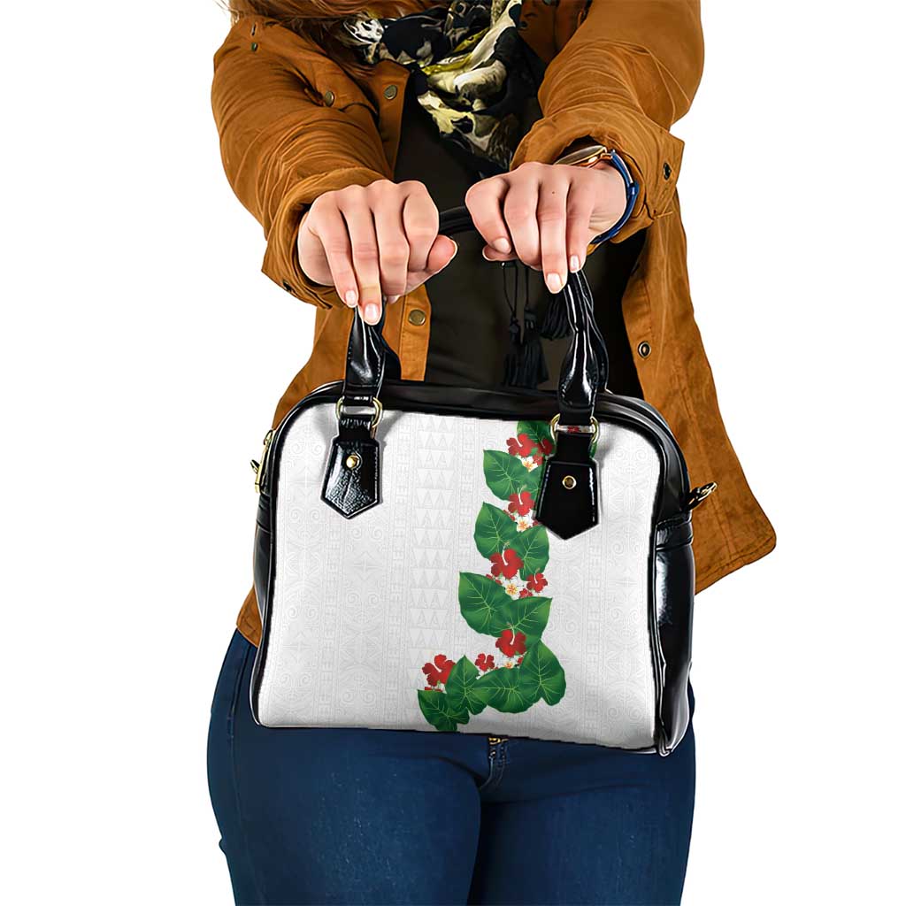 Hawaiian Taro Leaves-Hibiscus and Plumeria Shoulder Handbag Polynesian Art-Kakau Tattoo White
