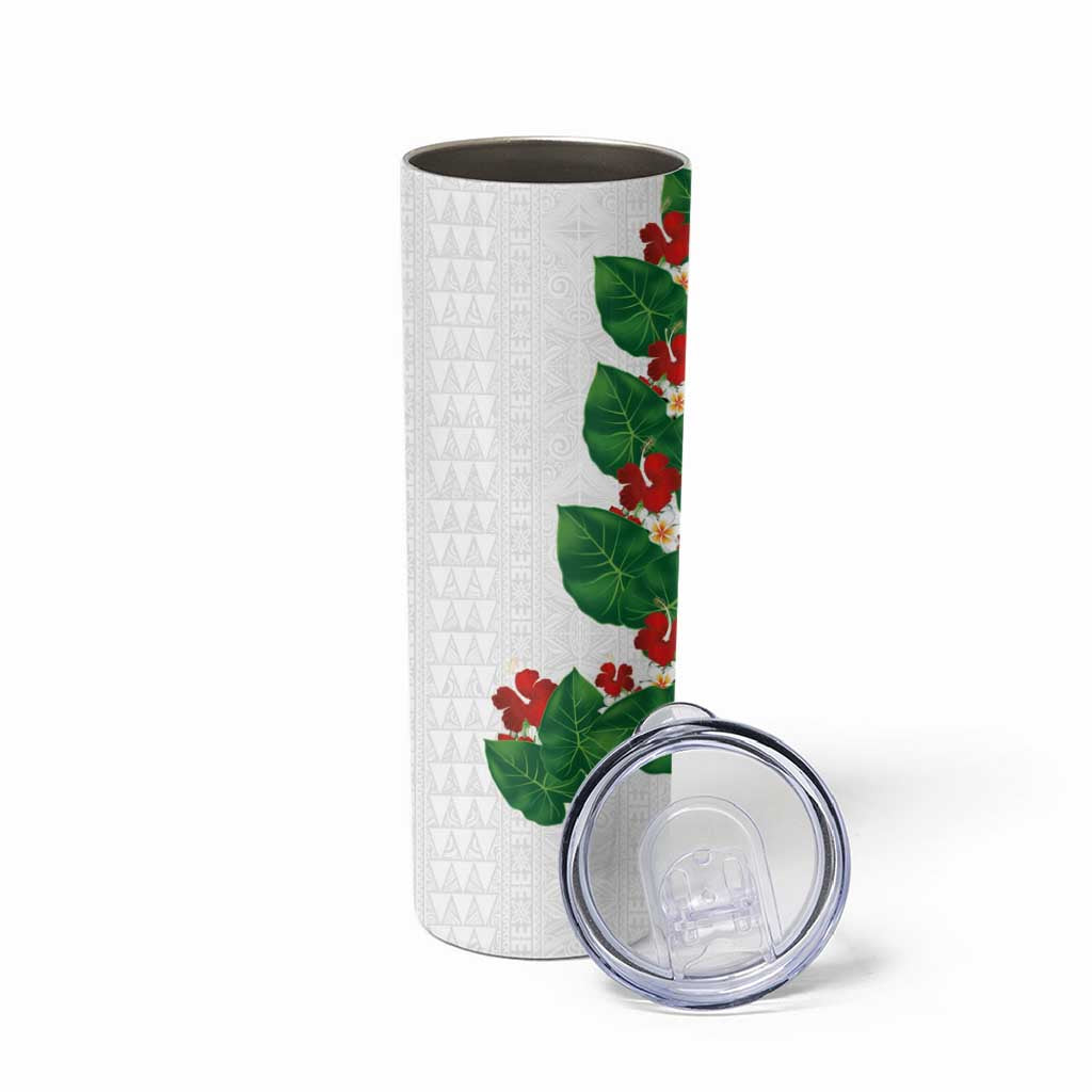 Hawaiian Taro Leaves-Hibiscus and Plumeria Skinny Tumbler Polynesian Art-Kakau Tattoo White LT03 - Polynesian Pride