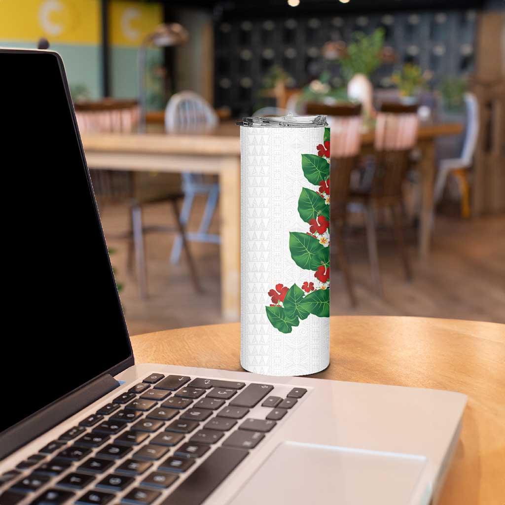 Hawaiian Taro Leaves-Hibiscus and Plumeria Skinny Tumbler Polynesian Art-Kakau Tattoo White LT03 - Polynesian Pride