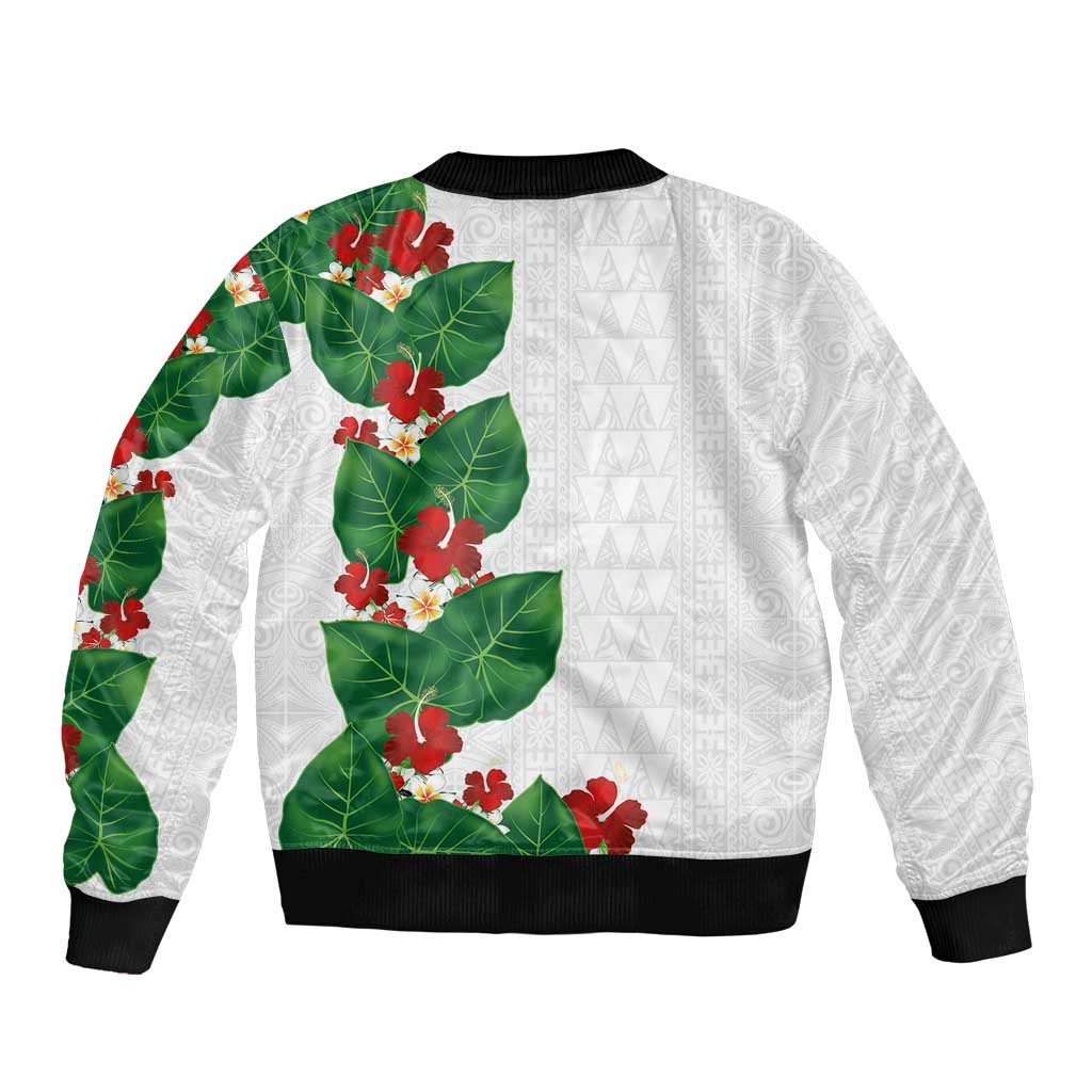 Hawaiian Taro Leaves-Hibiscus and Plumeria Sleeve Zip Bomber Jacket Polynesian Art-Kakau Tattoo White