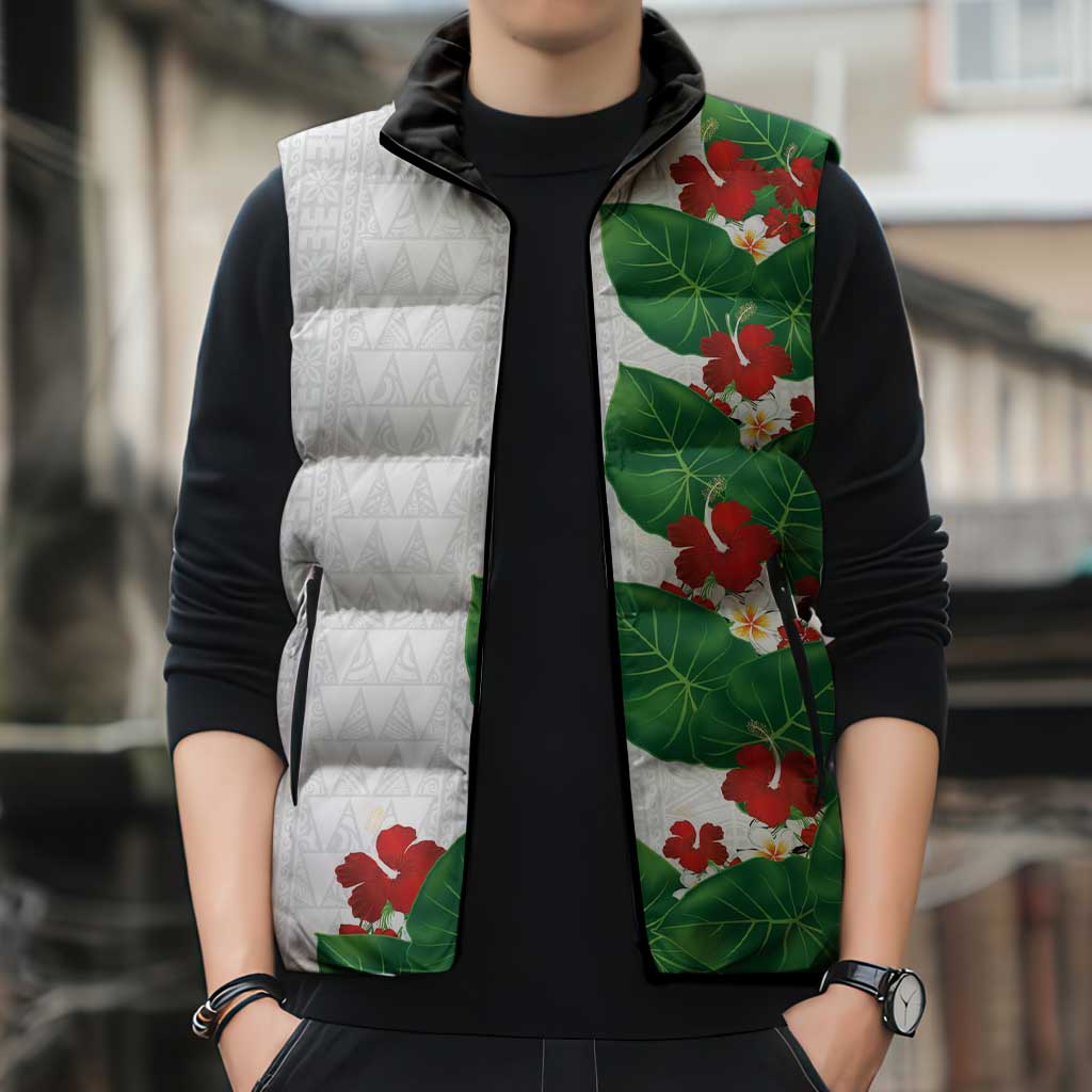 Hawaiian Taro Leaves-Hibiscus and Plumeria Sleeveless Puffer Jacket Polynesian Art-Kakau Tattoo White