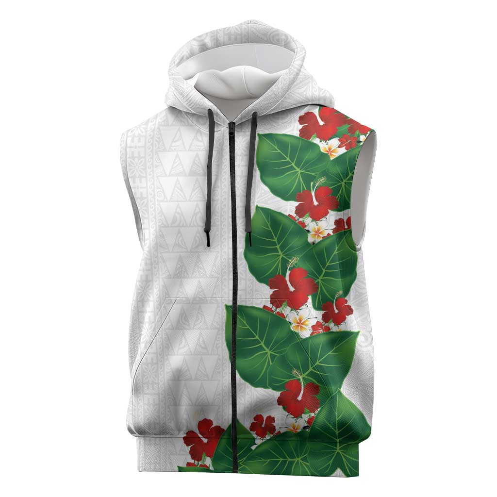 Hawaiian Taro Leaves-Hibiscus and Plumeria Sleeveless Zip Hoodie Polynesian Art-Kakau Tattoo White LT03 White - Polynesian Pride