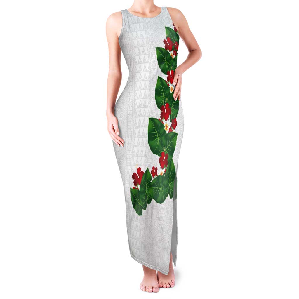 Hawaiian Taro Leaves-Hibiscus and Plumeria Tank Maxi Dress Polynesian Art-Kakau Tattoo White