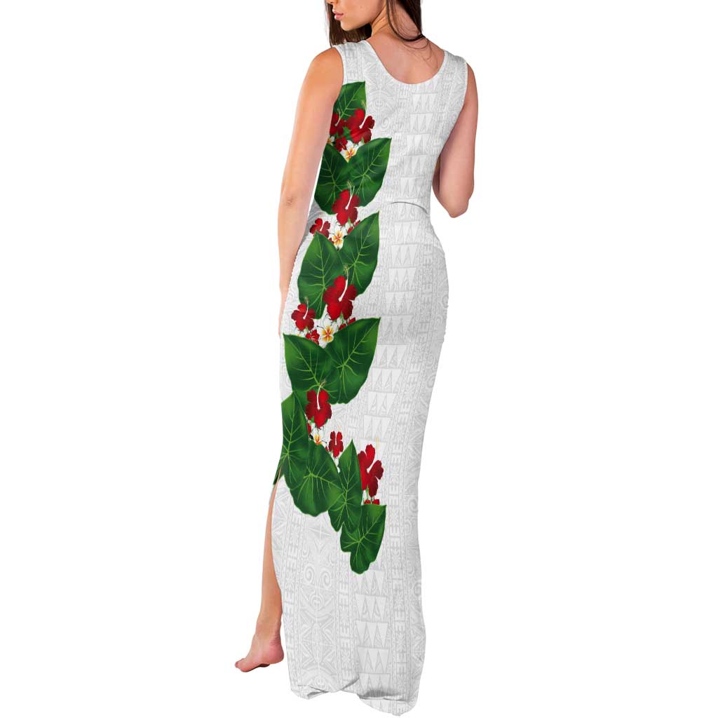 Hawaiian Taro Leaves-Hibiscus and Plumeria Tank Maxi Dress Polynesian Art-Kakau Tattoo White LT03 - Polynesian Pride