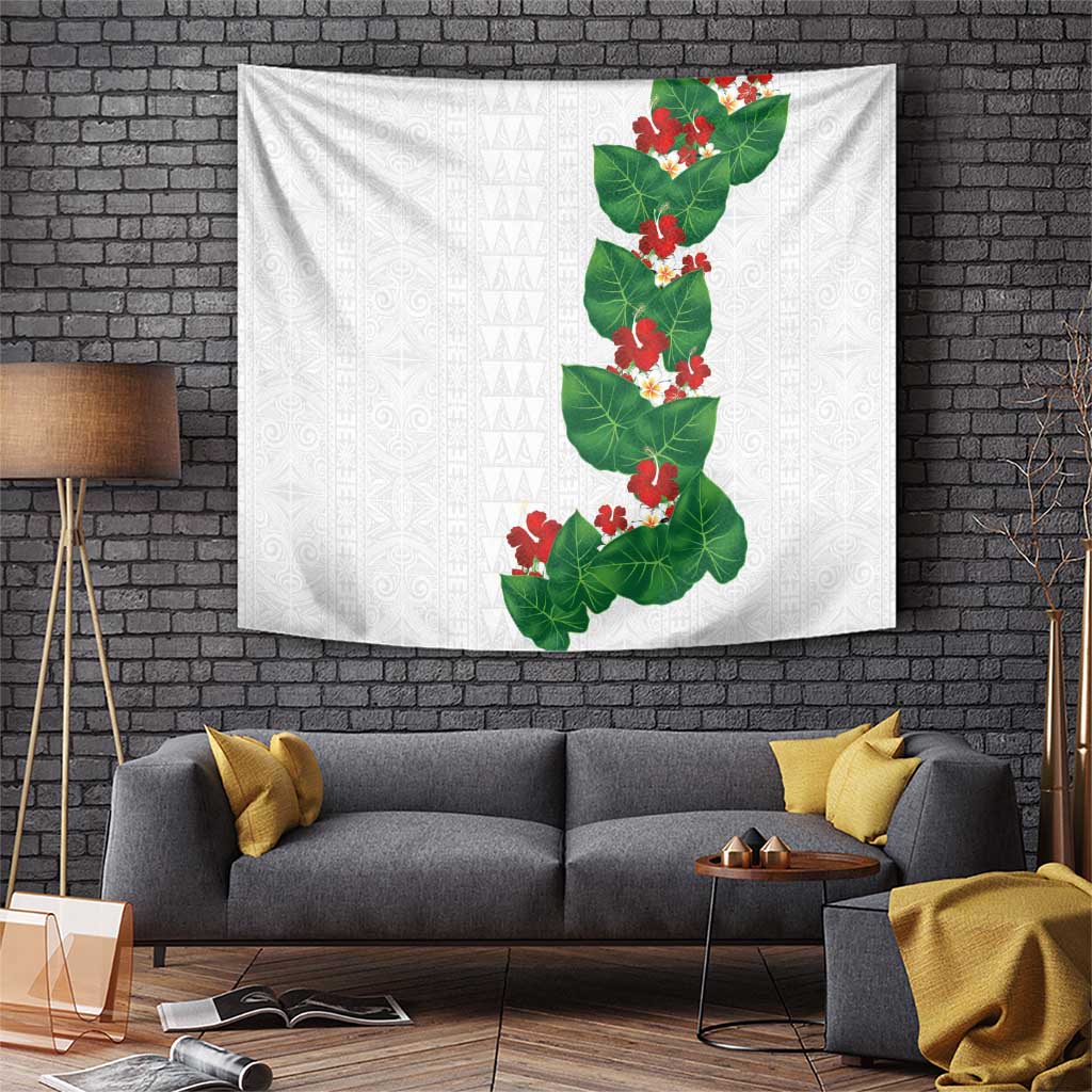 Hawaiian Taro Leaves-Hibiscus and Plumeria Tapestry Polynesian Art-Kakau Tattoo White