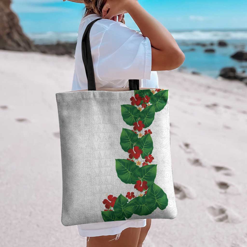 Hawaiian Taro Leaves-Hibiscus and Plumeria Tote Bag Polynesian Art-Kakau Tattoo White