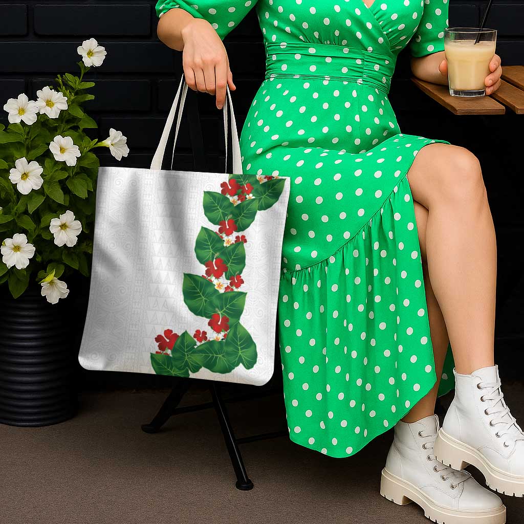 Hawaiian Taro Leaves-Hibiscus and Plumeria Tote Bag Polynesian Art-Kakau Tattoo White