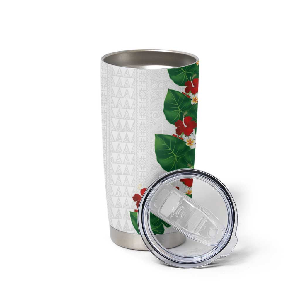 Hawaiian Taro Leaves-Hibiscus and Plumeria Tumbler Cup Polynesian Art-Kakau Tattoo White LT03 - Polynesian Pride