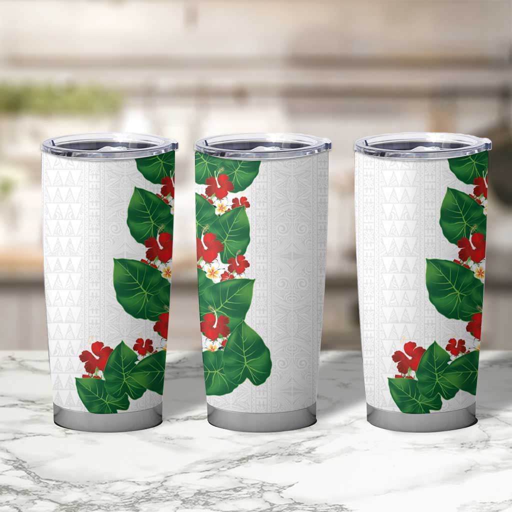 Hawaiian Taro Leaves-Hibiscus and Plumeria Tumbler Cup Polynesian Art-Kakau Tattoo White LT03 - Polynesian Pride