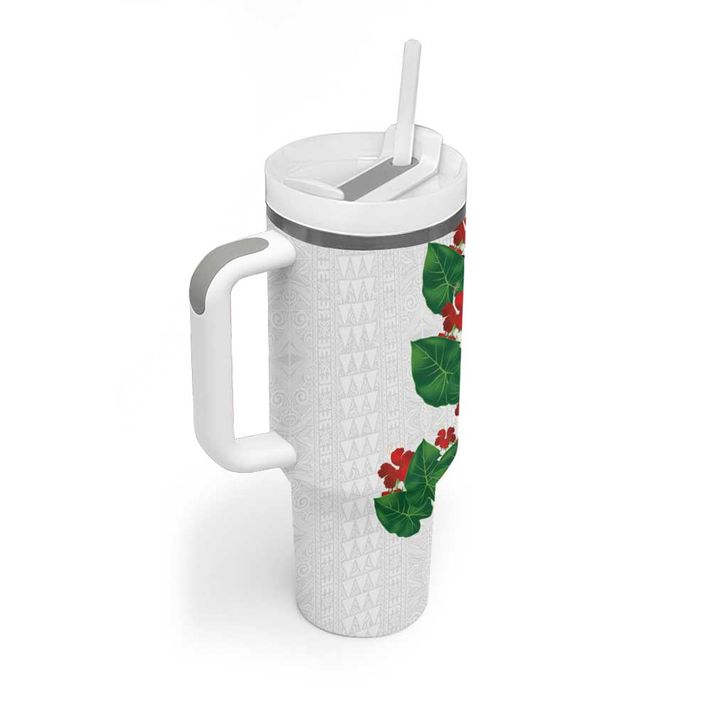 Hawaiian Taro Leaves-Hibiscus and Plumeria Tumbler With Handle Polynesian Art-Kakau Tattoo White