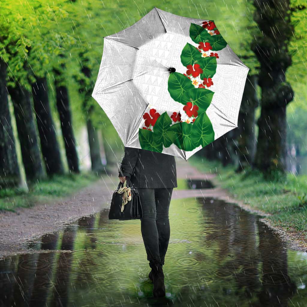 Hawaiian Taro Leaves-Hibiscus and Plumeria Umbrella Polynesian Art-Kakau Tattoo White