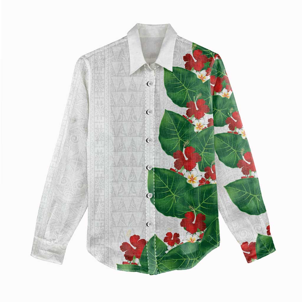 Hawaiian Taro Leaves-Hibiscus and Plumeria Women Casual Shirt Polynesian Art-Kakau Tattoo White LT03 - Polynesian Pride