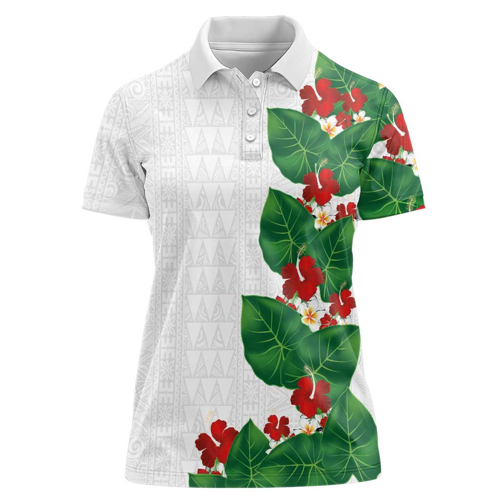 Hawaiian Taro Leaves-Hibiscus and Plumeria Women Polo Shirt Polynesian Art-Kakau Tattoo White LT03 Female White - Polynesian Pride
