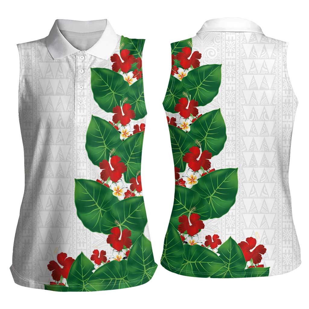 Hawaiian Taro Leaves-Hibiscus and Plumeria Women Sleeveless Polo Shirt Polynesian Art-Kakau Tattoo White LT03 - Polynesian Pride