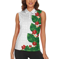 Hawaiian Taro Leaves-Hibiscus and Plumeria Women Sleeveless Polo Shirt Polynesian Art-Kakau Tattoo White LT03 - Polynesian Pride