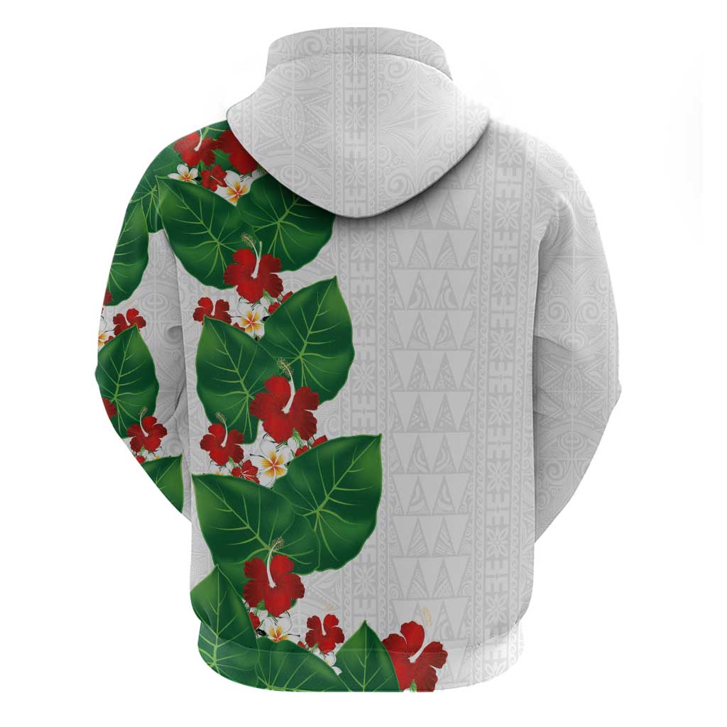 Hawaiian Taro Leaves-Hibiscus and Plumeria Zip Hoodie Polynesian Art-Kakau Tattoo White LT03 - Polynesian Pride
