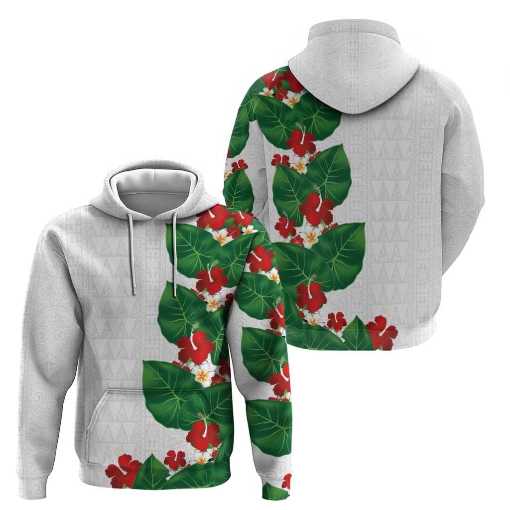 Hawaiian Taro Leaves-Hibiscus and Plumeria Zip Hoodie Polynesian Art-Kakau Tattoo White LT03 - Polynesian Pride