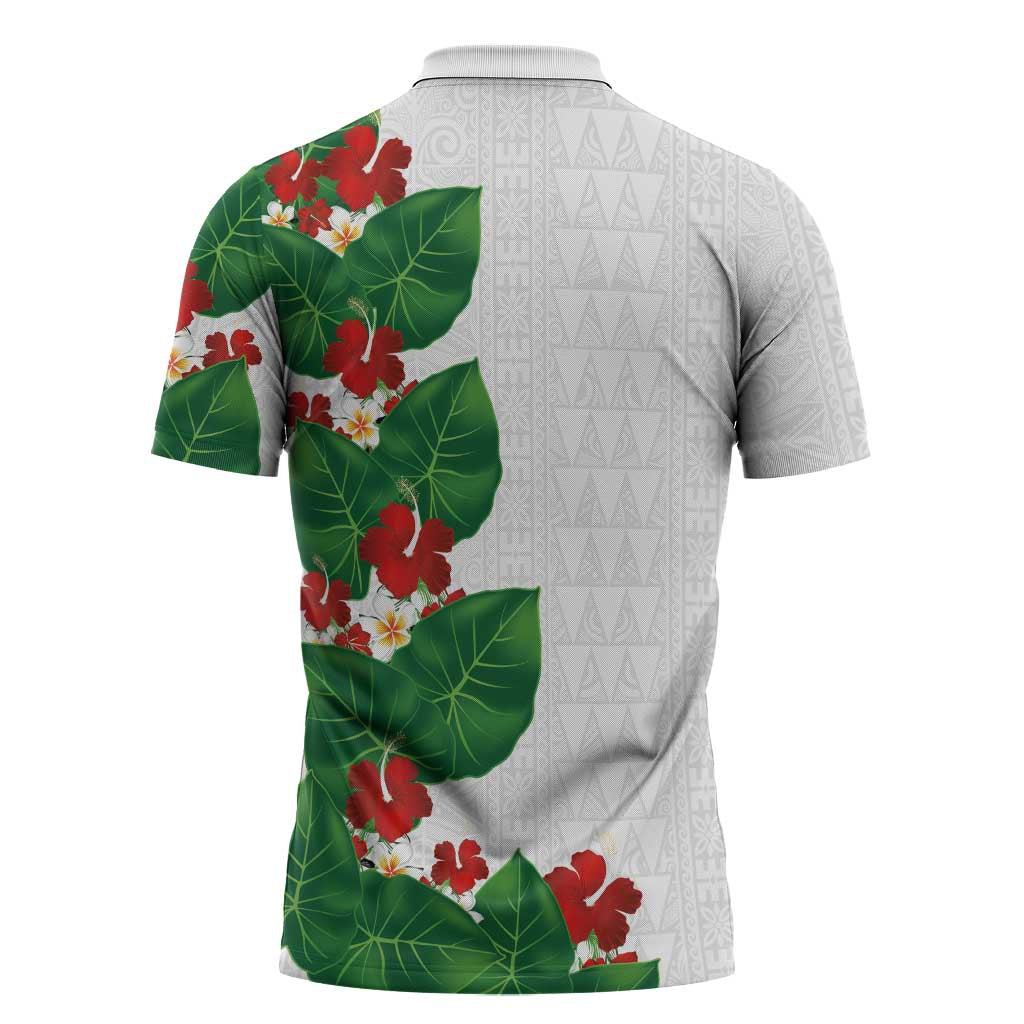 Hawaiian Taro Leaves-Hibiscus and Plumeria Zipper Polo Shirt Polynesian Art-Kakau Tattoo White LT03 - Polynesian Pride