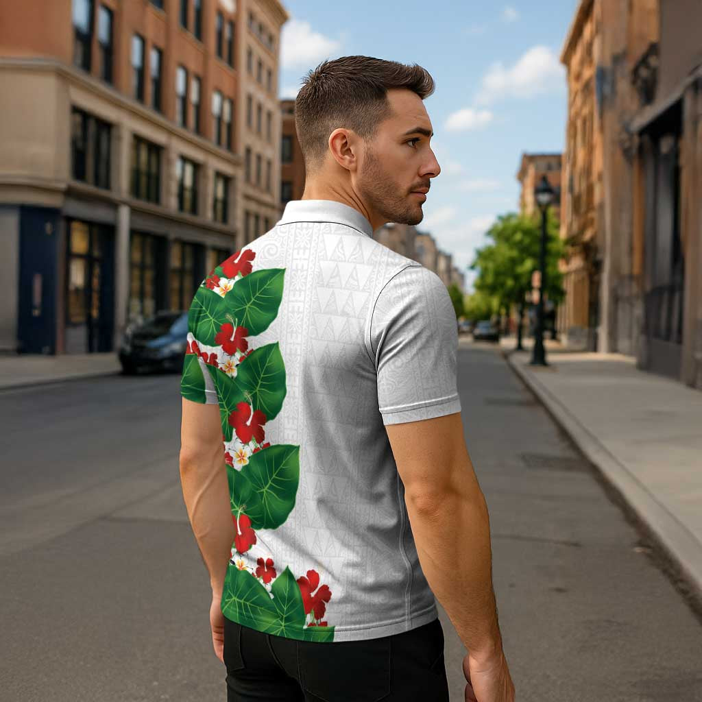 Hawaiian Taro Leaves-Hibiscus and Plumeria Zipper Polo Shirt Polynesian Art-Kakau Tattoo White LT03 - Polynesian Pride