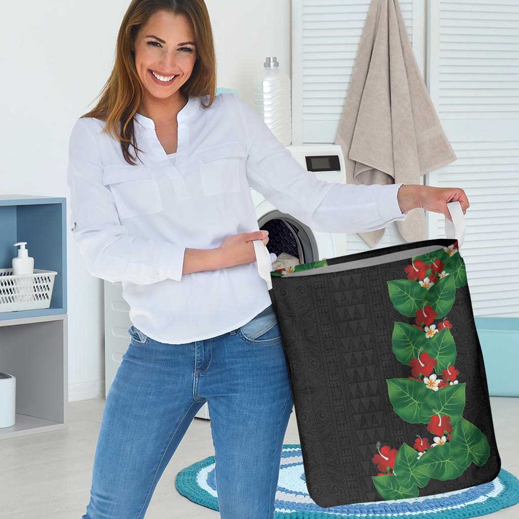 Hawaiian Taro Leaves-Hibiscus and Plumeria Laundry Basket Polynesian Art-Kakau Tattoo Black