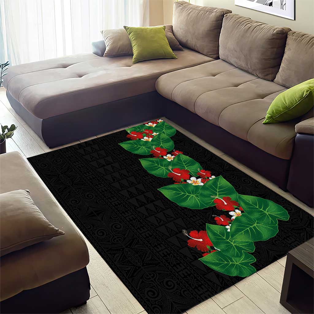 Hawaiian Taro Leaves-Hibiscus and Plumeria Area Rug Polynesian Art-Kakau Tattoo Black