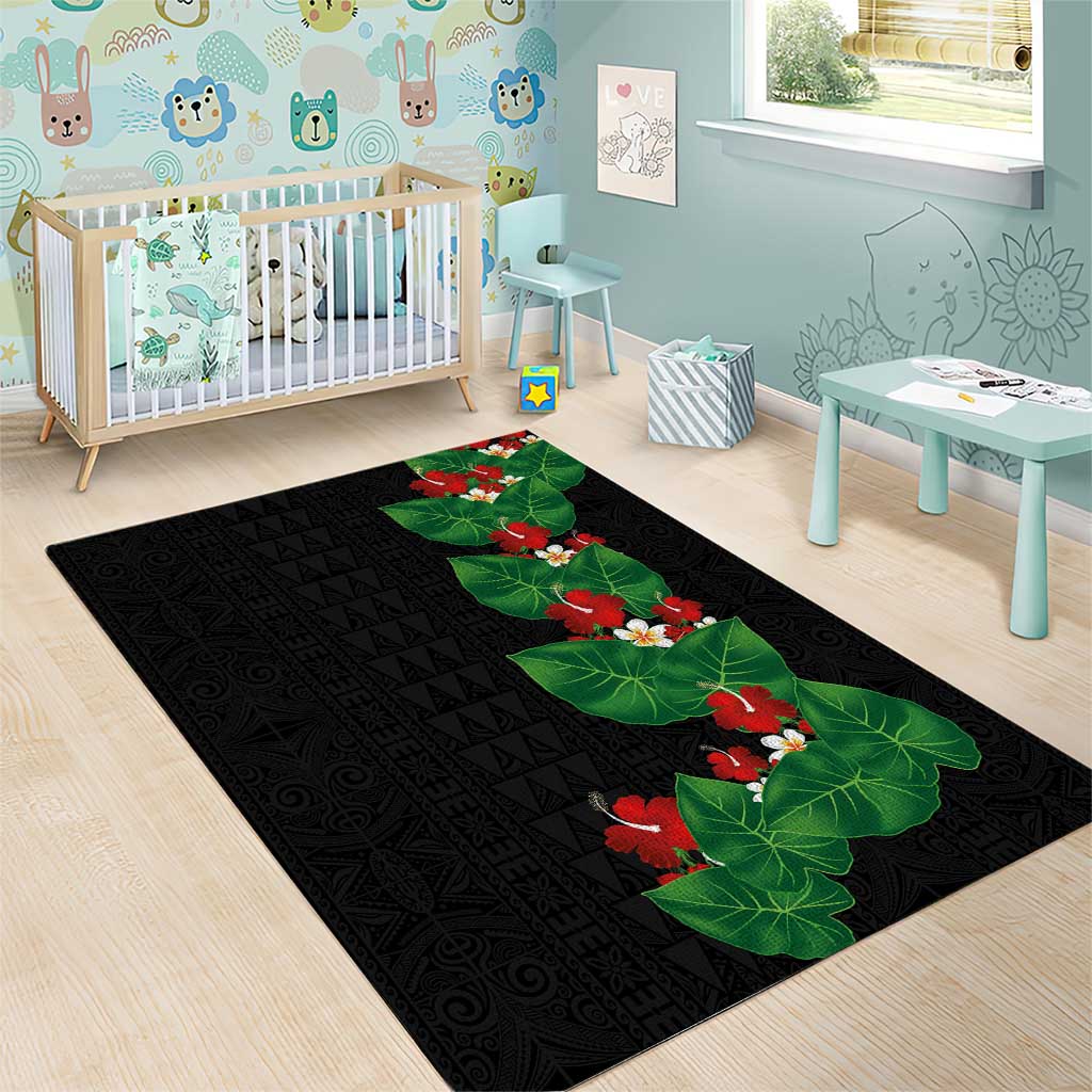 Hawaiian Taro Leaves-Hibiscus and Plumeria Area Rug Polynesian Art-Kakau Tattoo Black