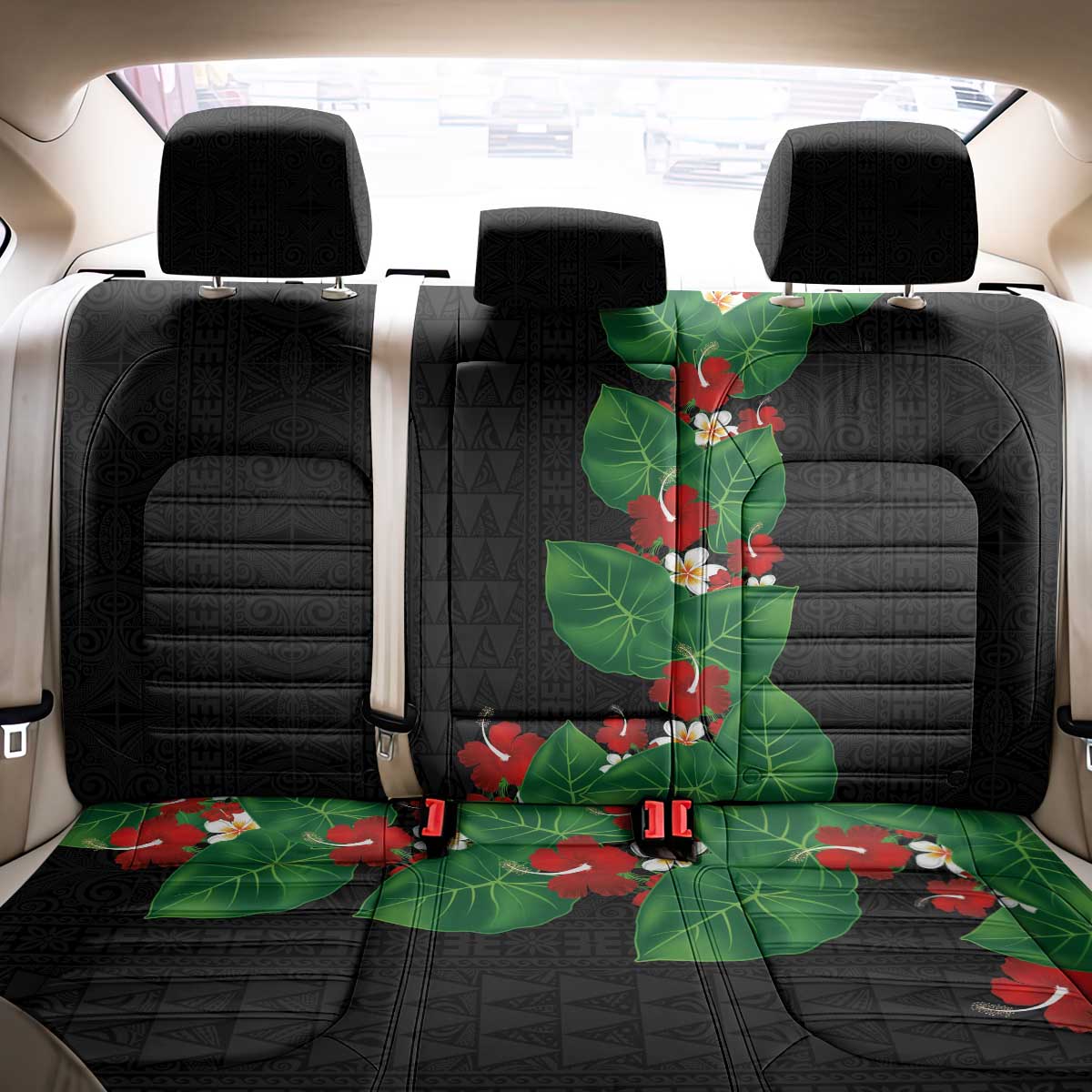 Hawaiian Taro Leaves-Hibiscus and Plumeria Back Car Seat Cover Polynesian Art-Kakau Tattoo Black LT03 - Polynesian Pride