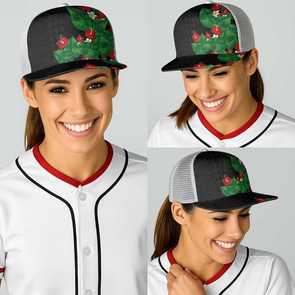 Hawaiian Taro Leaves-Hibiscus and Plumeria Baseball Net Cap Polynesian Art-Kakau Tattoo Black
