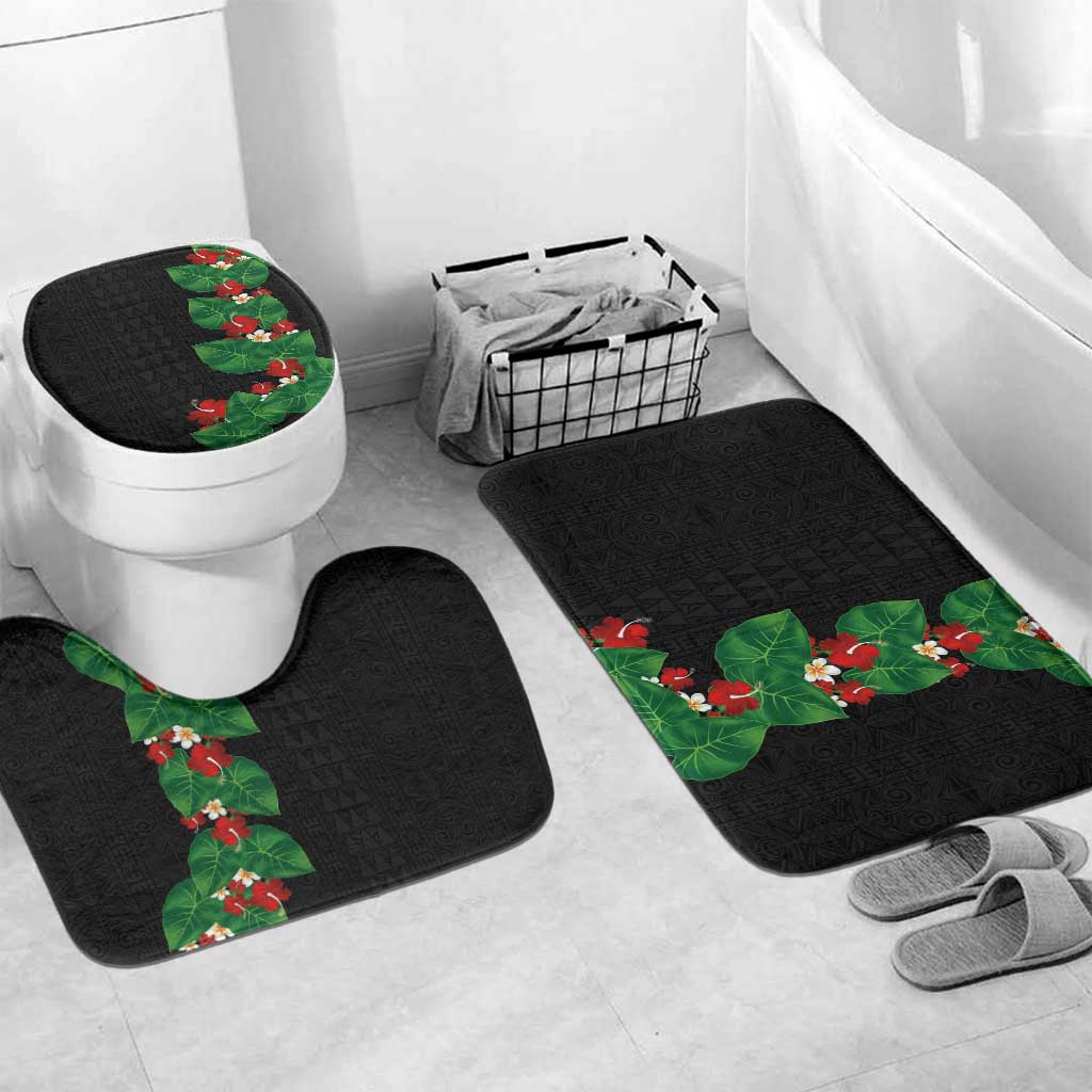 Hawaiian Taro Leaves-Hibiscus and Plumeria Bathroom Set Polynesian Art-Kakau Tattoo Black