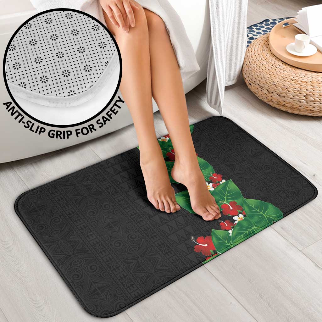 Hawaiian Taro Leaves-Hibiscus and Plumeria Bathroom Set Polynesian Art-Kakau Tattoo Black