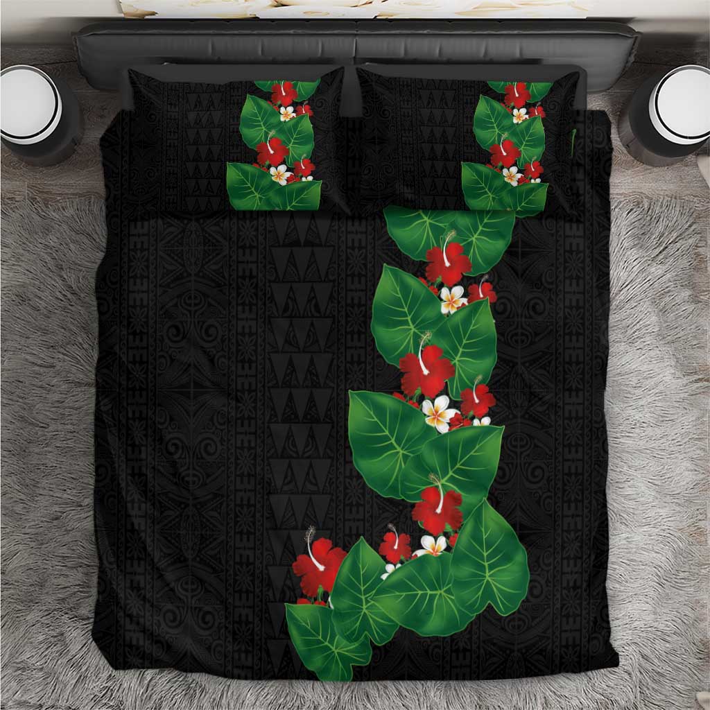 Hawaiian Taro Leaves-Hibiscus and Plumeria Bedding Set Polynesian Art-Kakau Tattoo Black