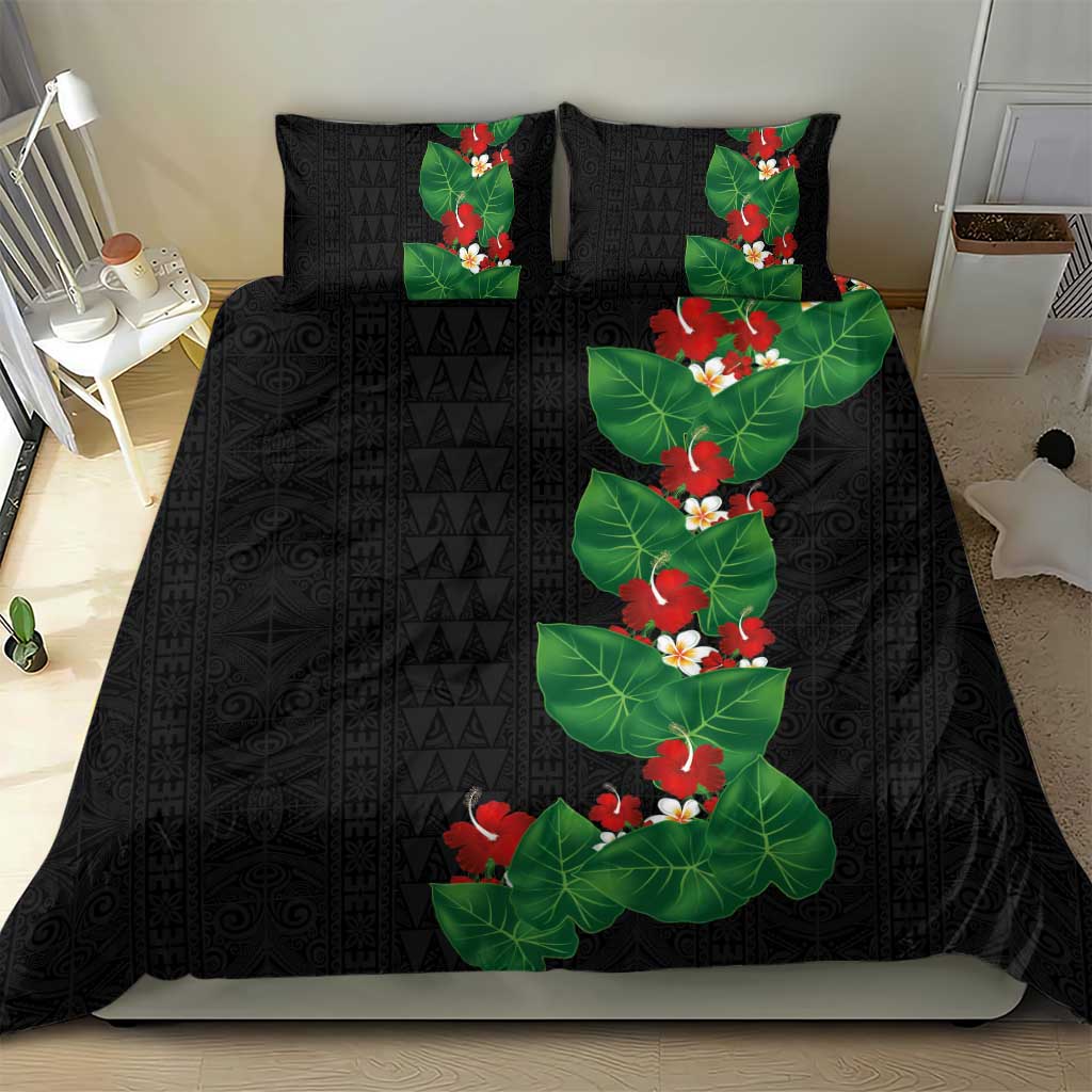 Hawaiian Taro Leaves-Hibiscus and Plumeria Bedding Set Polynesian Art-Kakau Tattoo Black