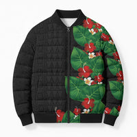 Hawaiian Taro Leaves-Hibiscus and Plumeria Bomber Puffer Jacket Polynesian Art-Kakau Tattoo Black