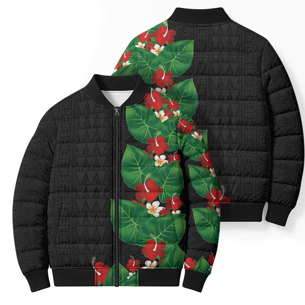 Hawaiian Taro Leaves-Hibiscus and Plumeria Bomber Puffer Jacket Polynesian Art-Kakau Tattoo Black