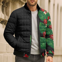Hawaiian Taro Leaves-Hibiscus and Plumeria Bomber Puffer Jacket Polynesian Art-Kakau Tattoo Black