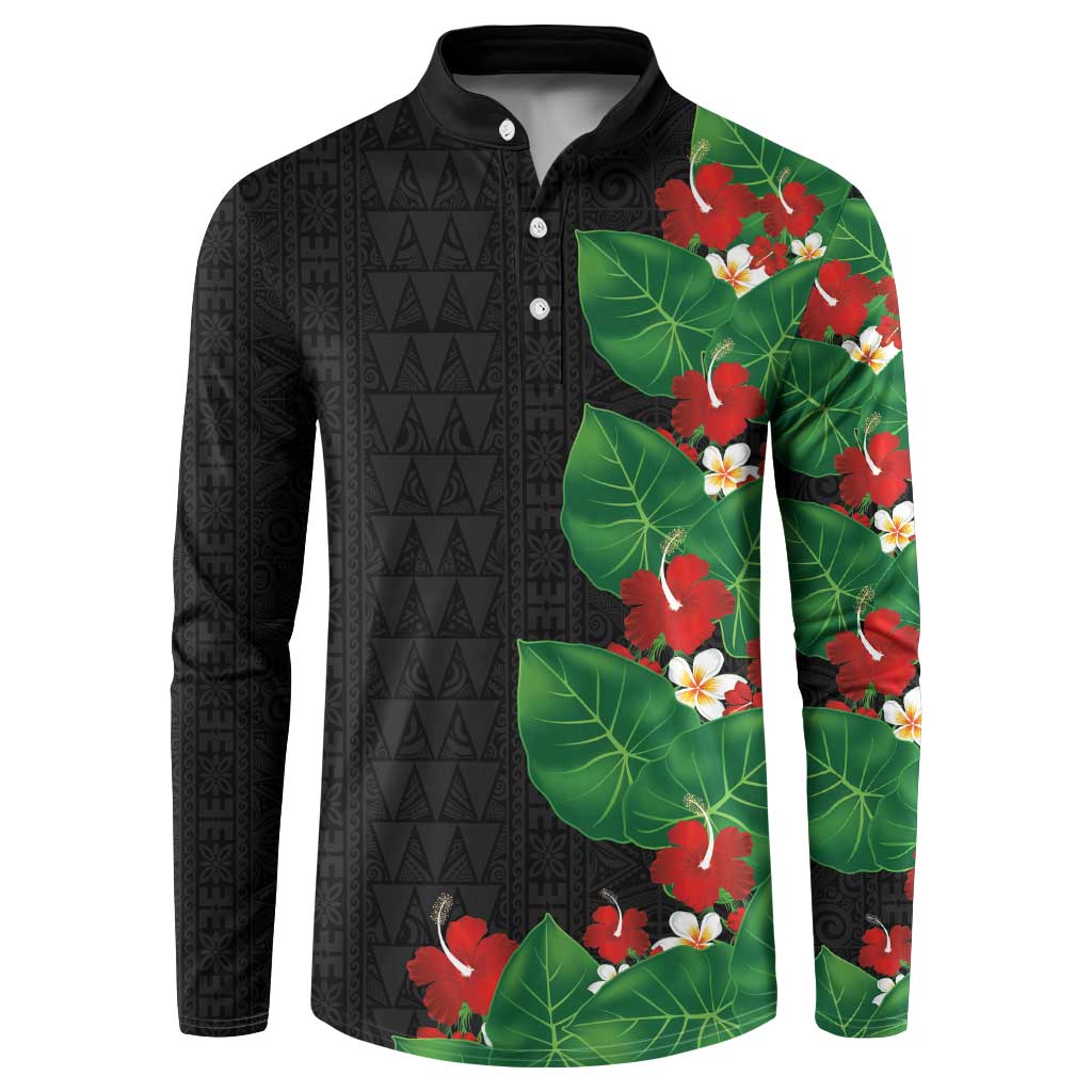 Hawaiian Taro Leaves-Hibiscus and Plumeria Button Sweatshirt Polynesian Art-Kakau Tattoo Black