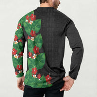 Hawaiian Taro Leaves-Hibiscus and Plumeria Button Sweatshirt Polynesian Art-Kakau Tattoo Black