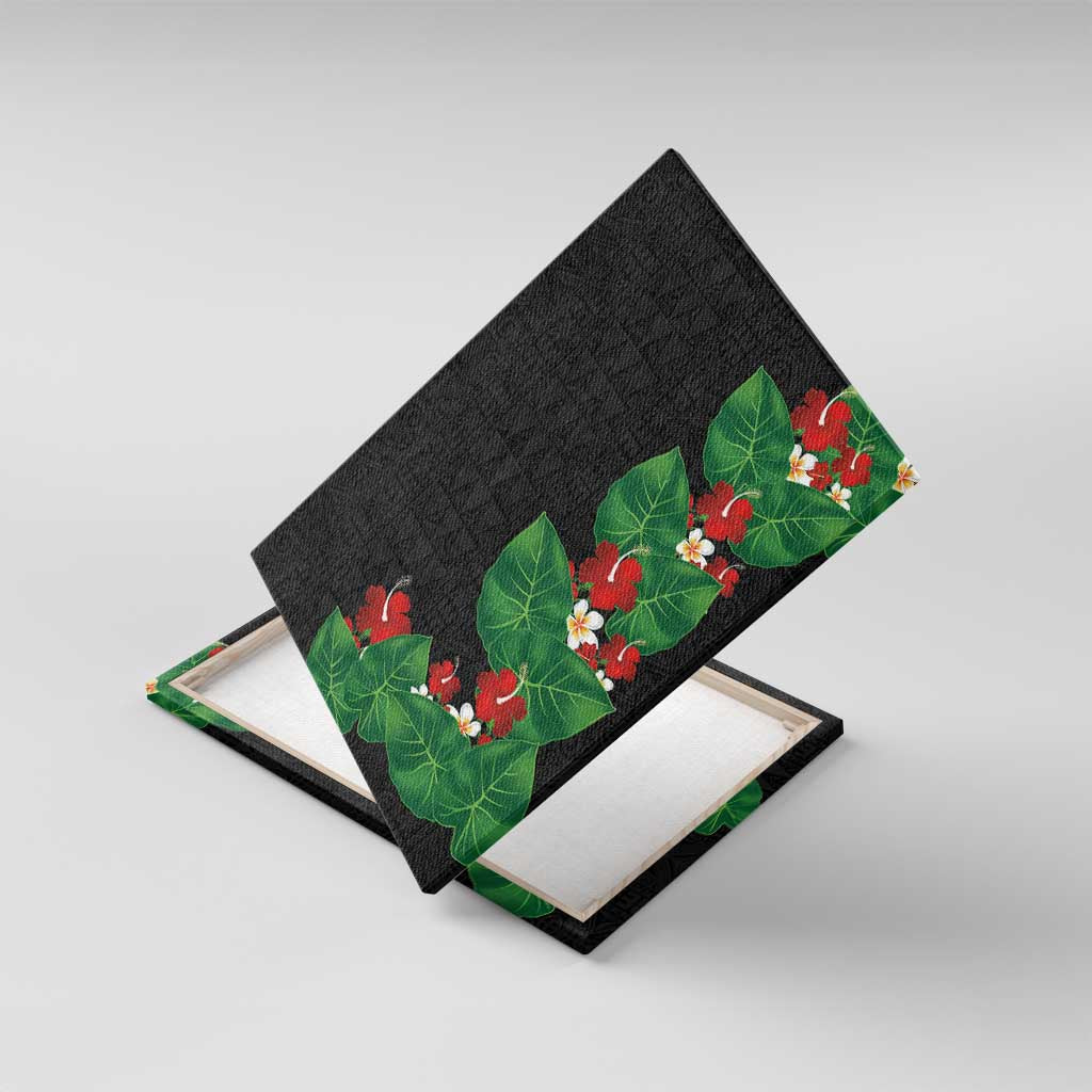 Hawaiian Taro Leaves-Hibiscus and Plumeria Canvas Wall Art Polynesian Art-Kakau Tattoo Black