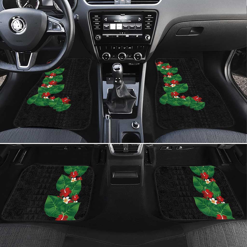 Hawaiian Taro Leaves-Hibiscus and Plumeria Car Mats Polynesian Art-Kakau Tattoo Black LT03 Set 4pcs Black - Polynesian Pride