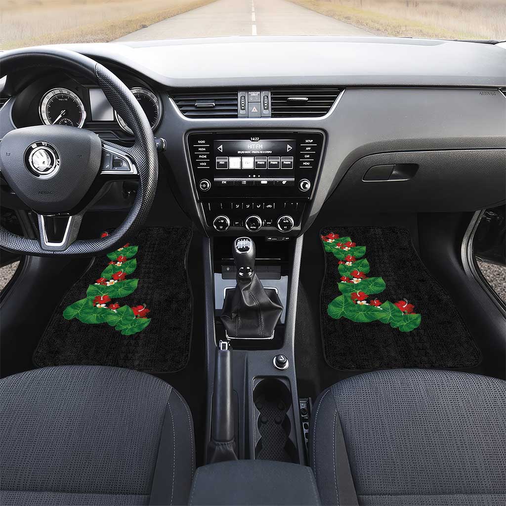 Hawaiian Taro Leaves-Hibiscus and Plumeria Car Mats Polynesian Art-Kakau Tattoo Black LT03 Set 2pcs - Front Black - Polynesian Pride