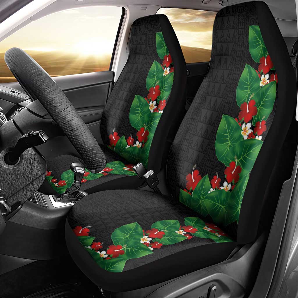 Hawaiian Taro Leaves-Hibiscus and Plumeria Car Seat Cover Polynesian Art-Kakau Tattoo Black LT03 - Polynesian Pride
