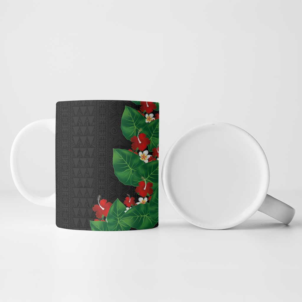 Hawaiian Taro Leaves-Hibiscus and Plumeria Ceramic Mug Polynesian Art-Kakau Tattoo Black LT03 - Polynesian Pride