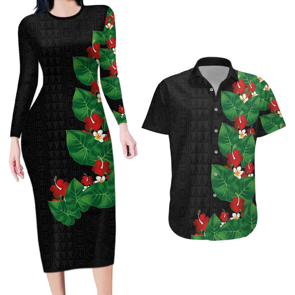 Hawaiian Taro Leaves-Hibiscus and Plumeria Couples Matching Long Sleeve Bodycon Dress and Hawaiian Shirt Polynesian Art-Kakau Tattoo Black LT03 Black - Polynesian Pride