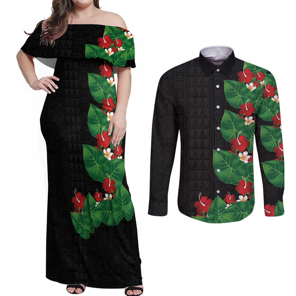 Hawaiian Taro Leaves-Hibiscus and Plumeria Couples Matching Off Shoulder Maxi Dress and Long Sleeve Button Shirt Polynesian Art-Kakau Tattoo Black LT03 Black - Polynesian Pride