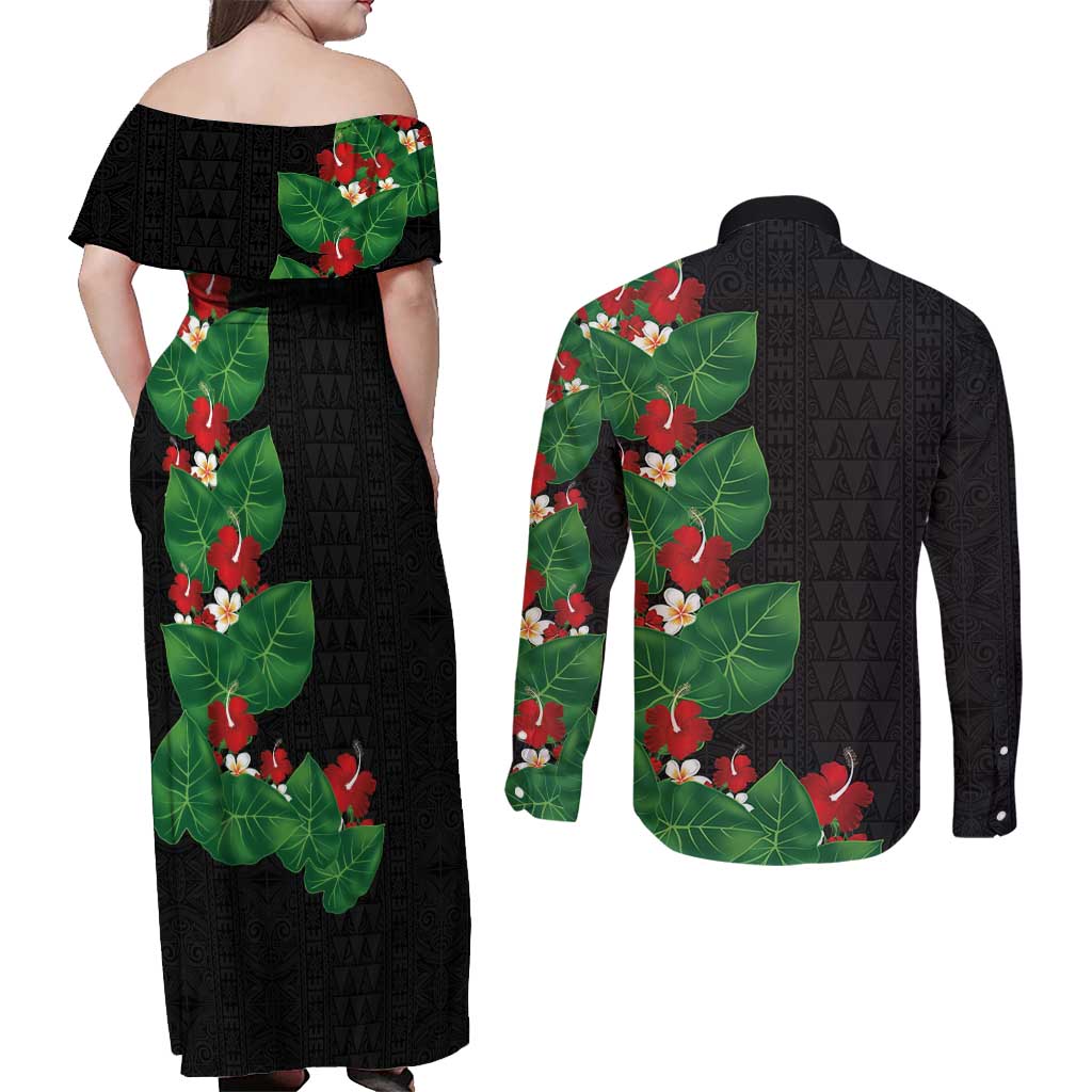 Hawaiian Taro Leaves-Hibiscus and Plumeria Couples Matching Off Shoulder Maxi Dress and Long Sleeve Button Shirt Polynesian Art-Kakau Tattoo Black LT03 - Polynesian Pride